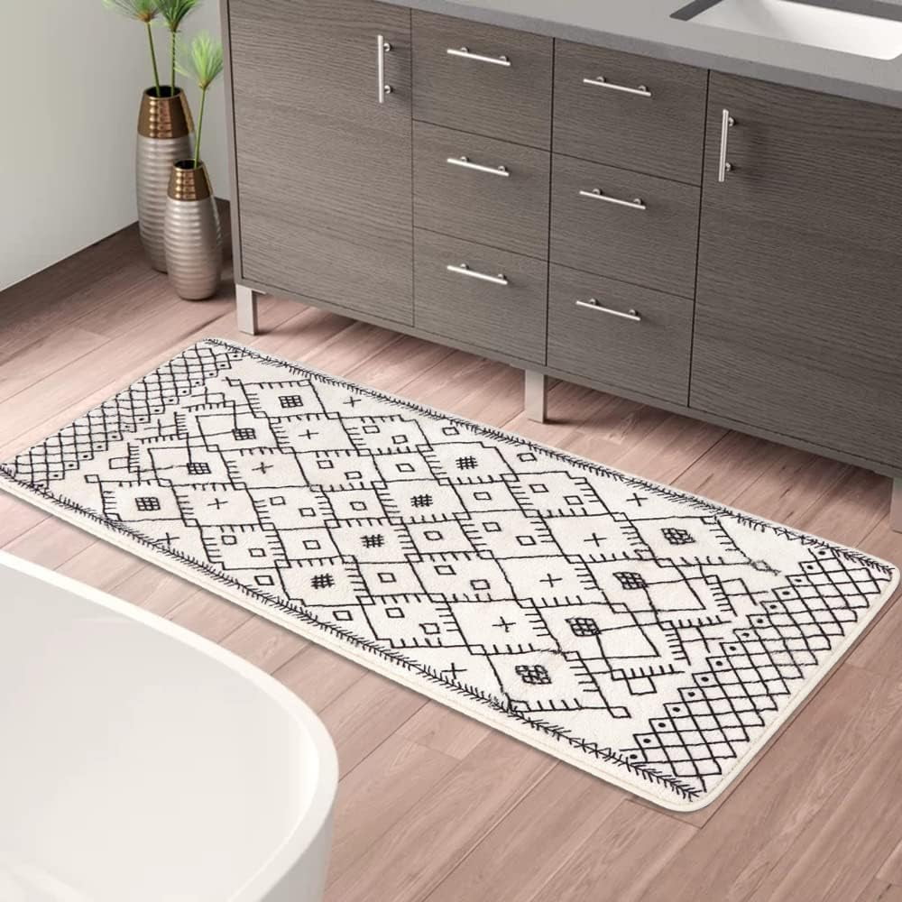 Bathroom Runner Rug 20x59 inch Boho Long Mat Non-Slip Moroccan Geometric Farmhouse Rug Soft Microfiber Machine Washable Floor Mats for Bath Tub Sink Hallway Laundry Room