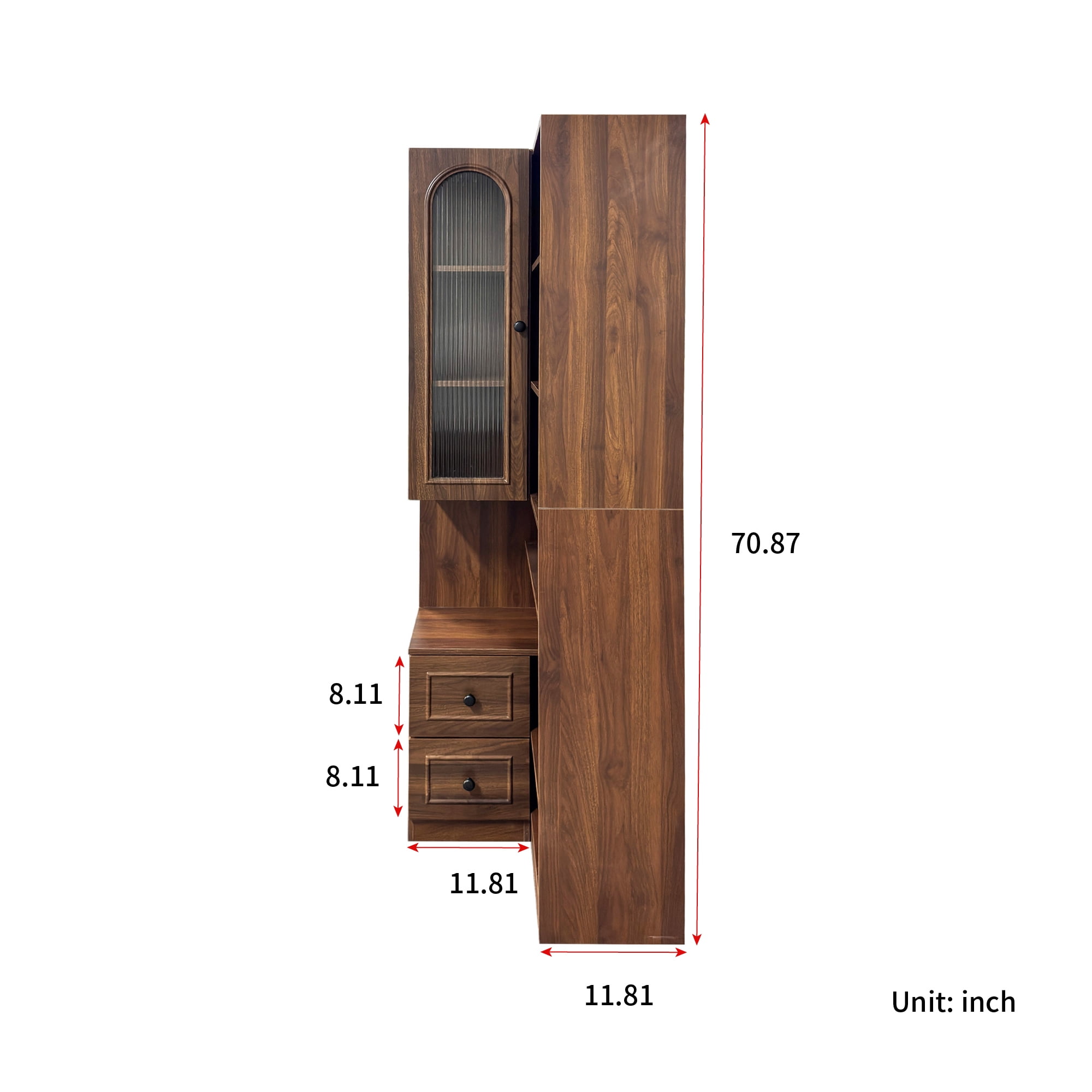 71" Tall Corner Bookshelf with Arched Glass Door, 6-Tier Bookcase with 2 Drawers