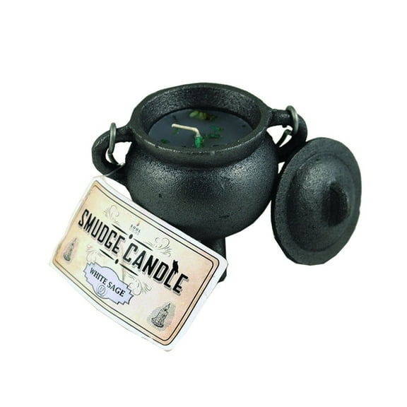 White Sage 4" Cast Iron Cauldron Smudge Candle with Lid and Carry Handle for Spells, Smudging, Ritual & Blessings