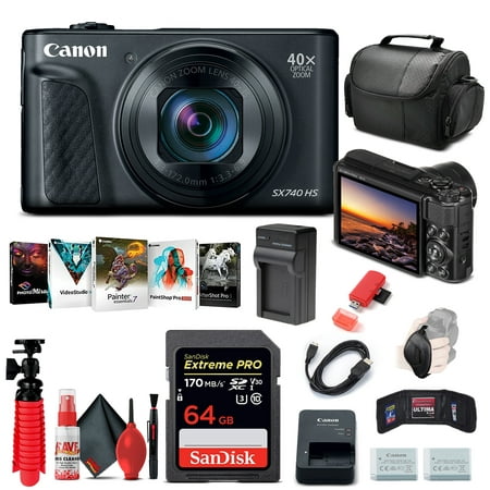 Canon PowerShot SX740 HS Digital Camera (Black) (2955C001) + 64GB Card + NB13L Battery + Corel Photo Software + Charger + Card Reader + Soft Bag + Flex Tripod + More (International Model)