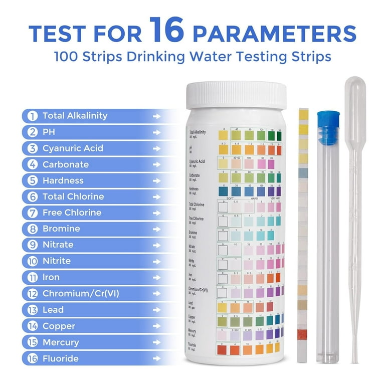 Wiher 16 in 1 Water Testing Strips, Water Testing Kits for Drinking Water,200 Strips Home Water Quality Test kit Testing for pH, Hardness, Chlorine, Lead, Iron, Copper, Nitrate, Nitrite, etc