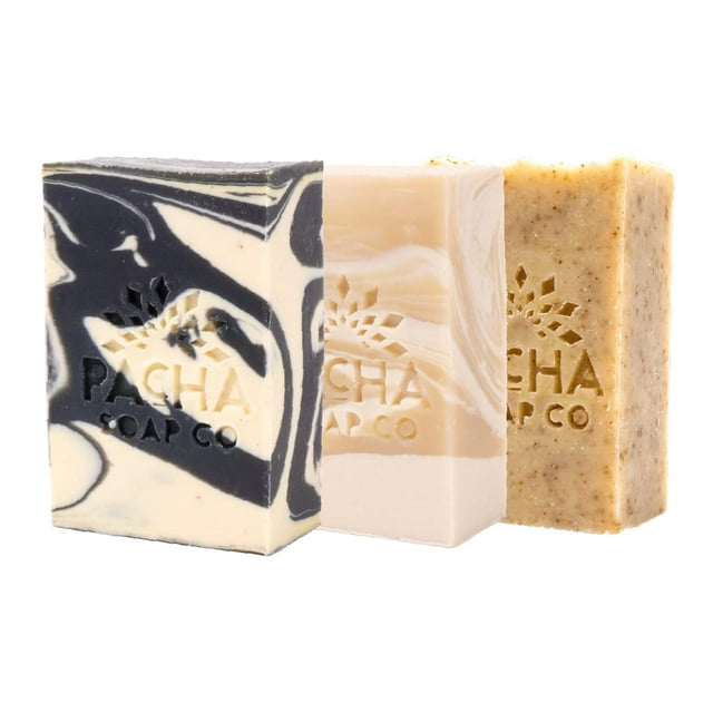 Jabón en barra Pacha Earthy Clean, paquete de 3 | Hidratante premium hecho a mano | Jabón facial natural, limpiador de manos, gel de baño | Aceites esenciales calmantes 4 oz