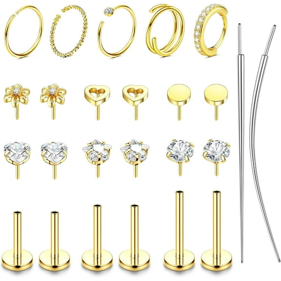 Threadless Fine Nose Rings Studs For Women Men Hypoallergenic Surgical Steel CZ Nose Rings Hoops 14K Gold Plated Push in Flat Back Cartilage Earrings Conch Helix Tragus Nose Piercing Jewelry[s800]