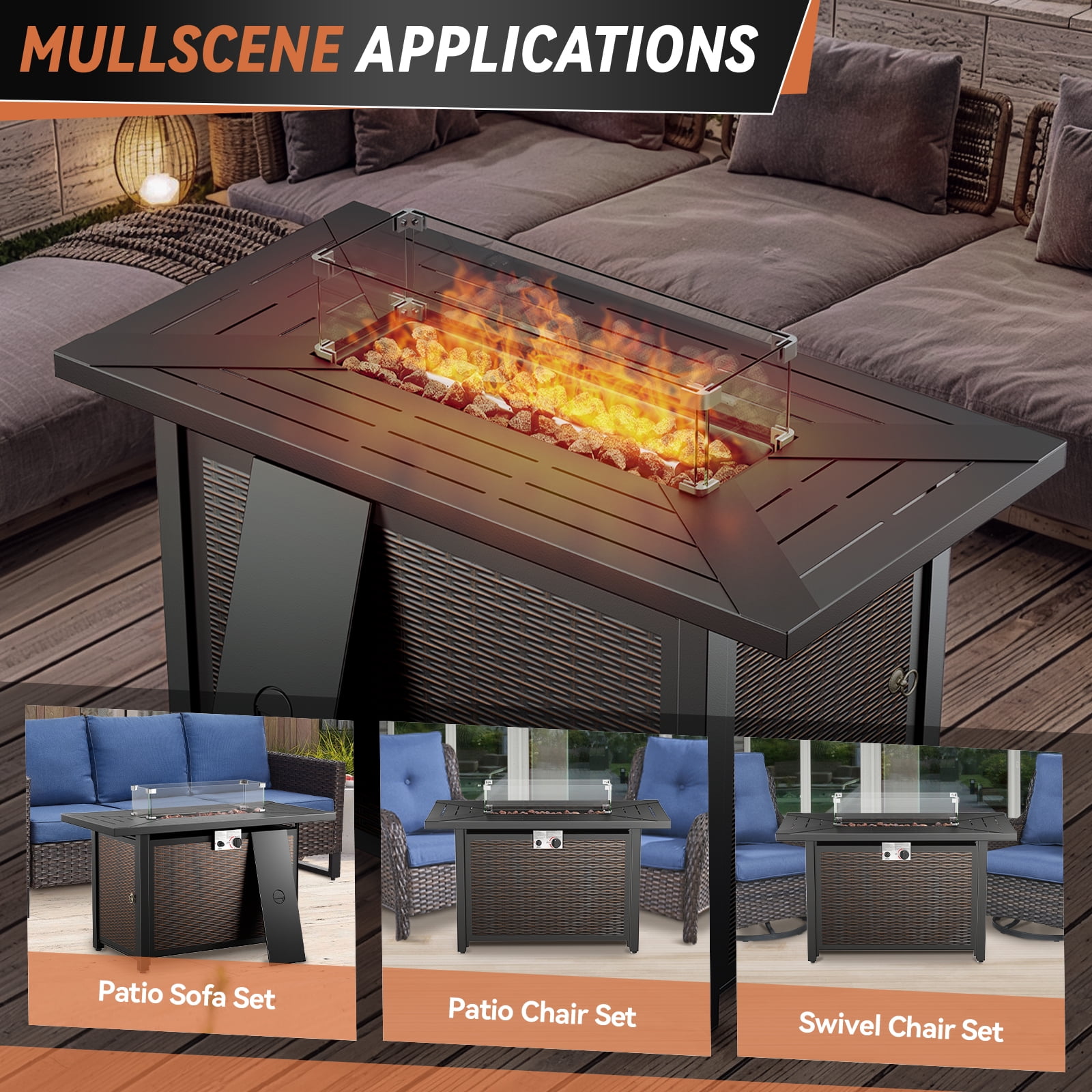 POCASSY 5PCS Outdoor Patio Furniture Set, Patio Furniture Set with Fire Pit Table Wicker Patio Couch Outdoor Swivel Chair and 43" Propane Firepit Table Rectangular, Brown Wicker & Beige Cushion