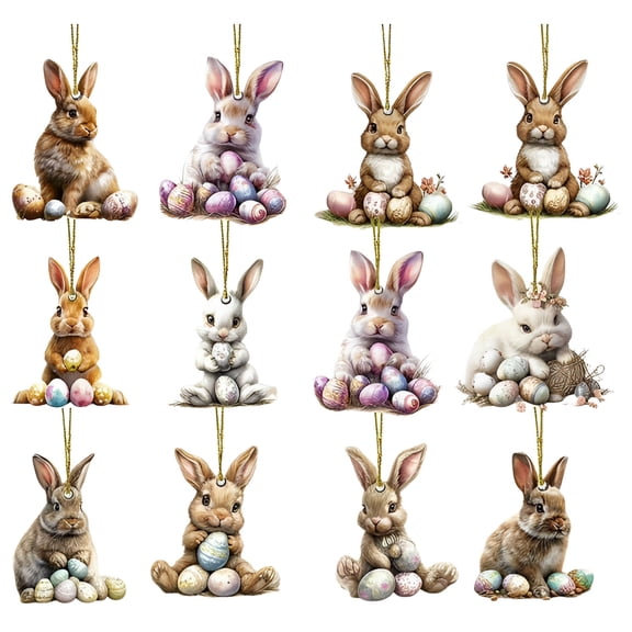 YWIYIUD Pack of 12 Easter Hanging Ornaments Rabbit Shaped 2D Acrylic Decor Vintage Spring Tree Decorations Happy Rabbit Ornament Rustic Farmhouse Hanging Ornament with Rope for Easter Decoration