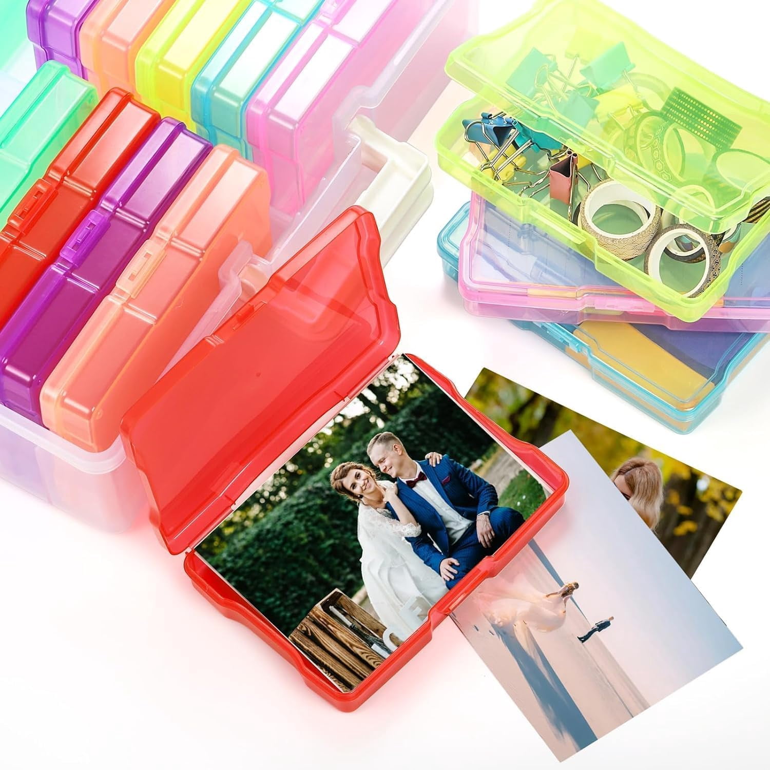 Photo Storage Box with 16 Inner 4" x 6" Photo Case, Portable Storage Organizer with Handle Craft Keeper for Picture, Stickers, Stamps, Screws, Hair Clips, Colored