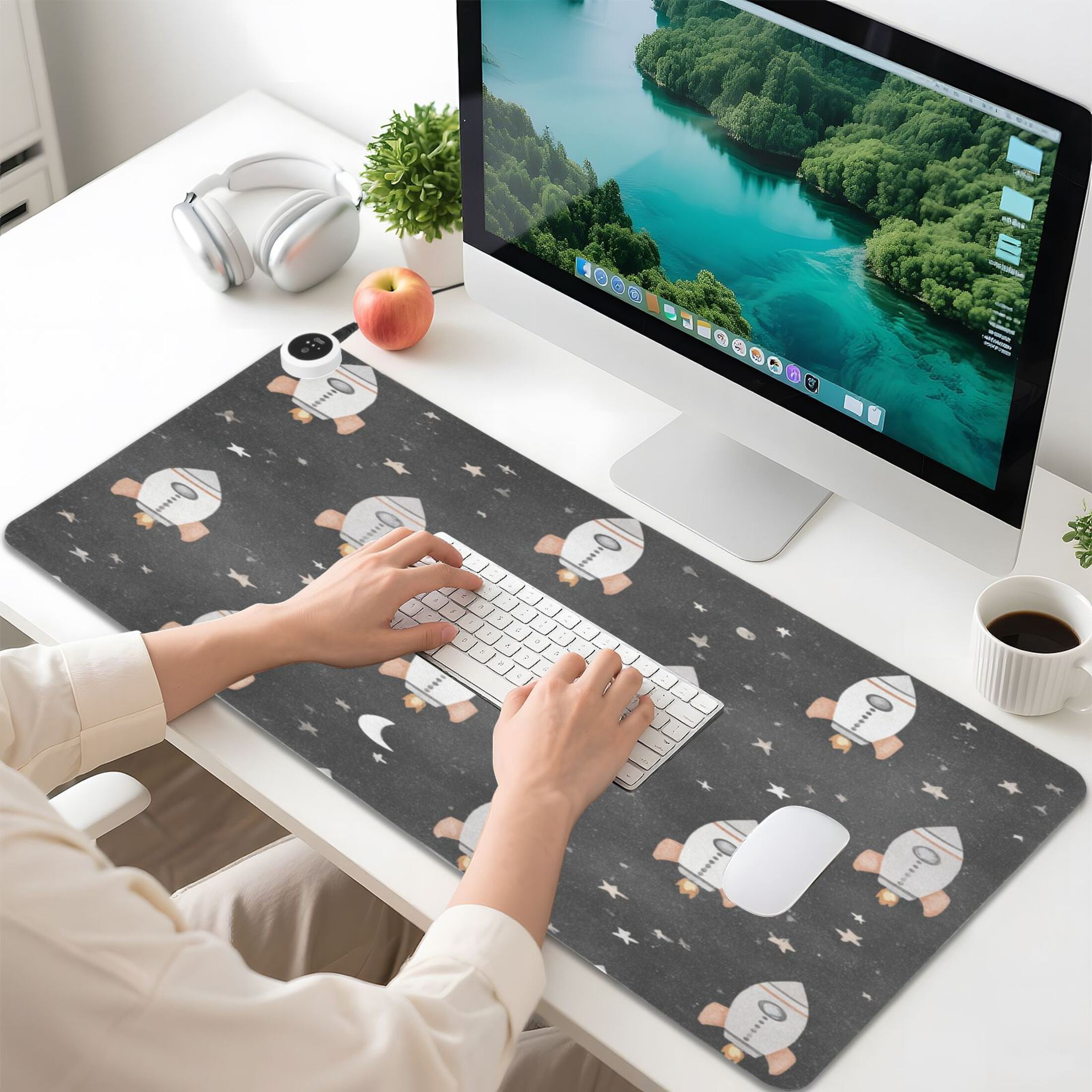 Large Heated Desk Mat Mouse Pad 31.5"x13"PU Leather Graphene Heating Desk Warmer with 3 Temperature Settings 110V US Plug Non-Slip Warm Pad for Home, Office, and Gaming Black Space Rocket Pattern
