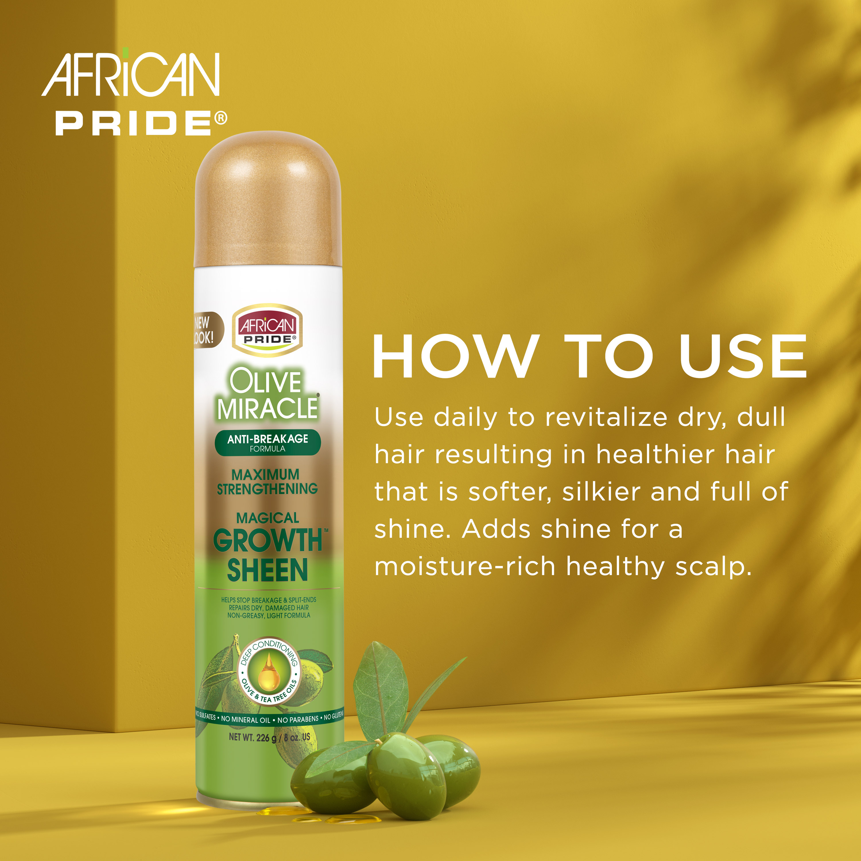 African Pride Olive Miracle Shine Enhancing Maximum Strengthening Magical Growth Sheen Hair Spray, 8 oz., Unisex - image 3 of 7