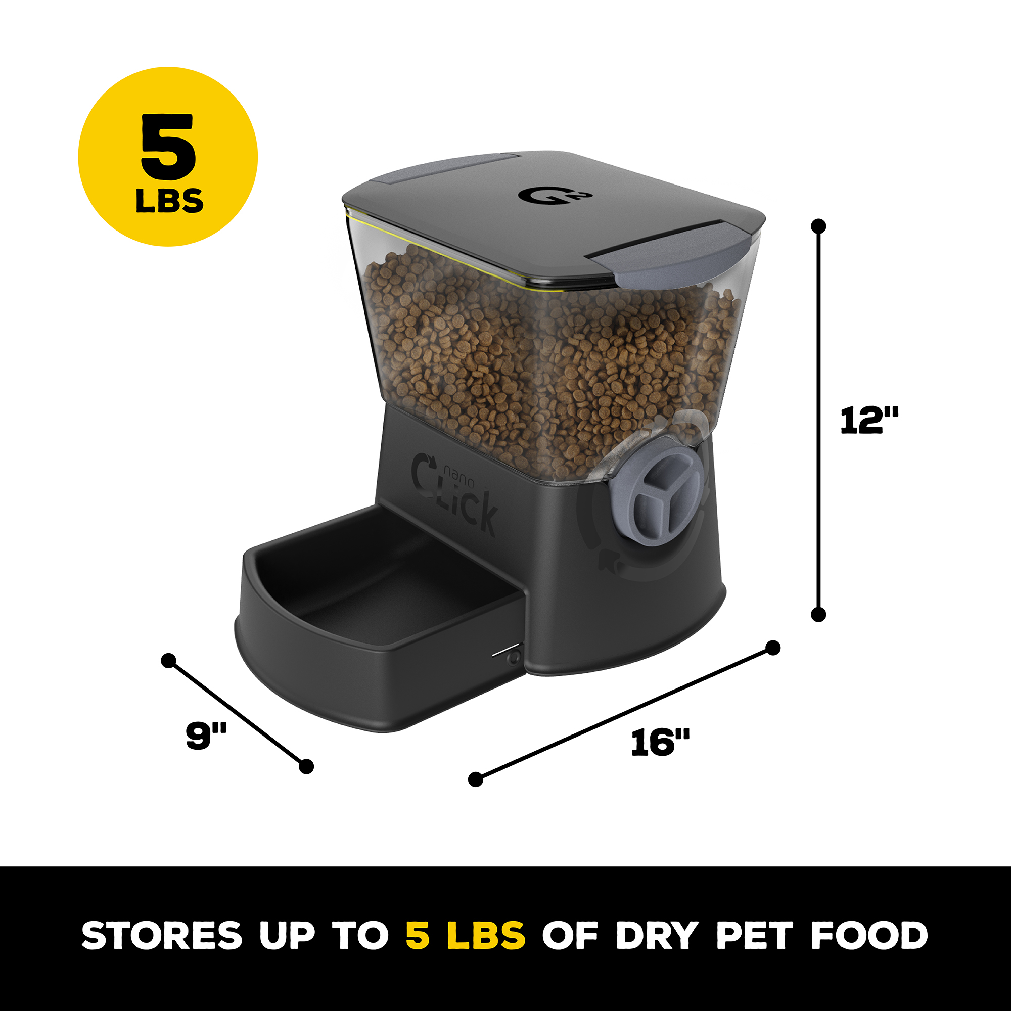 Gamma2 Nano Click Manual Pet Feeder Dry Dog Food Storage, Black, Up To 5 lb
