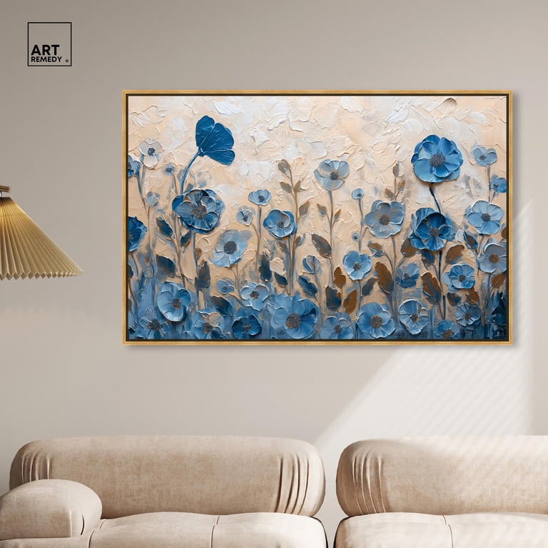 Cerulean Blue Flowers I Canvas Blue Floral Art by Art Remedy, Gold