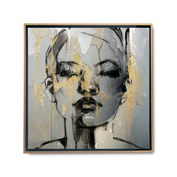 Cuadro decorativo moderno Maxigráfica Shop Silueta de Rostro de Mujer con Toques Dorados Tipo Pintura Estilo Abstracto Acabado Galería Listo para Colgar Marco Flotante Negro Cuadro Retrato Abstracto