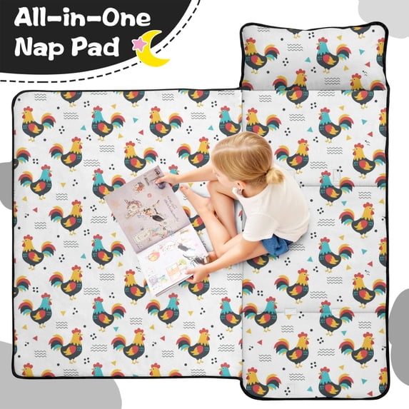 Rooster and Doodle White Pattern Teens Toddler Nap Mat with Pillow, Sleeping Mat Bag for Preschool Daycare 51"x22"