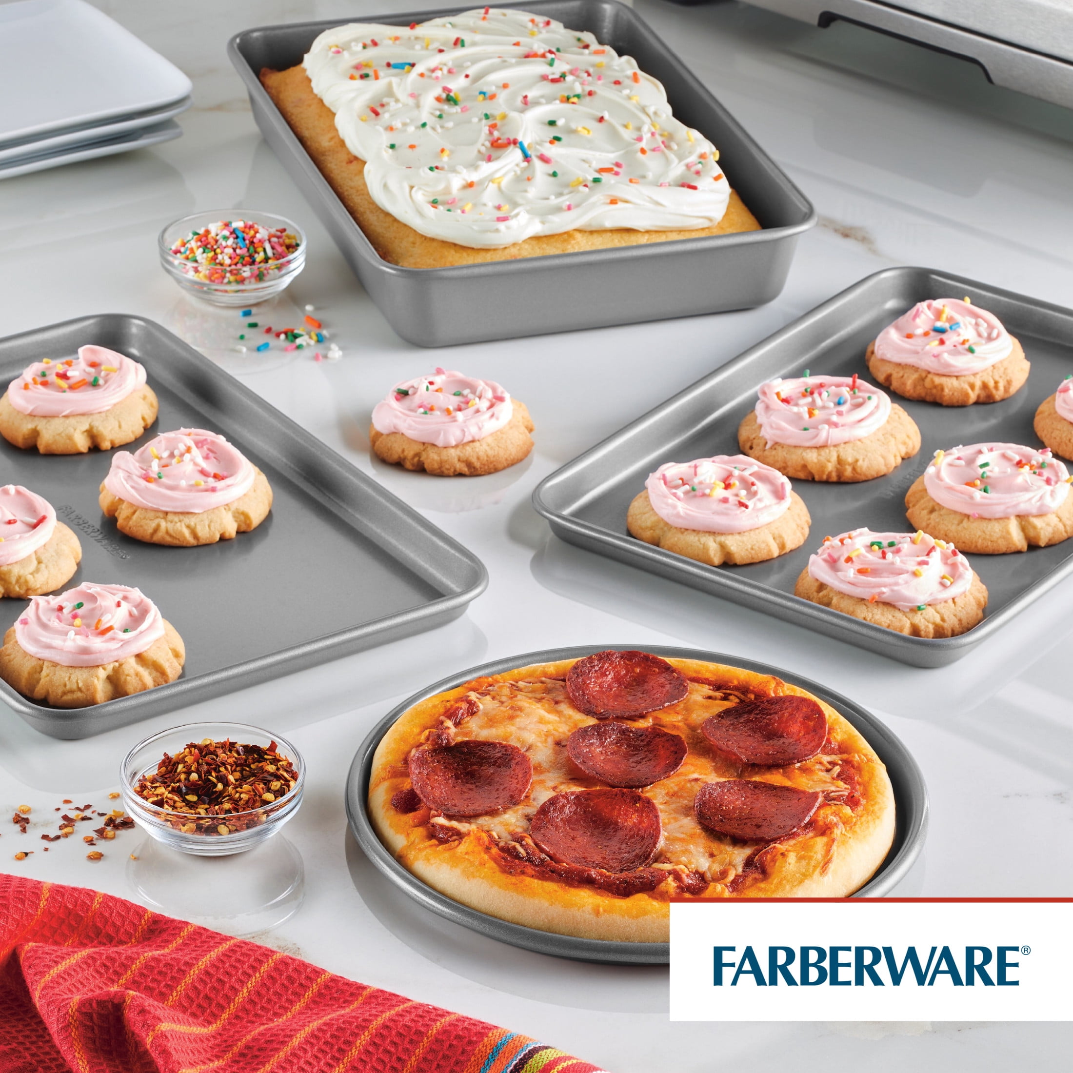Farberware Nonstick Bakeware Cookie Pan and Cake Pan Set, 4-Piece, Gray