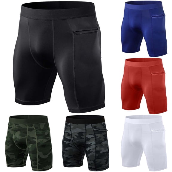 Men's Compression Shorts Running Workout Spandex Shorts Camouflagees Performance Underwear Shorts Tights with Zipper Pocket Red, Size XL