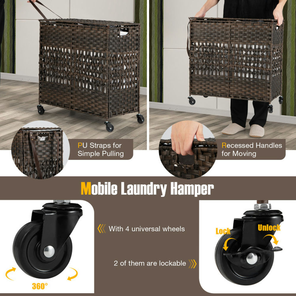 Finihen Laundry Hamper, Laundry Basket, 110L 2-Section Laundry Hamper with 2 Removable and Washable Liner Bags, for Bathroom, Laundry Room, Brown Finihen Laundry Hamper, Laundry Basket, 110L 2-Section Laundry Hamper with 2 Removable and Washable Liner Bags, for Bathroom, Laundry Room, Brown