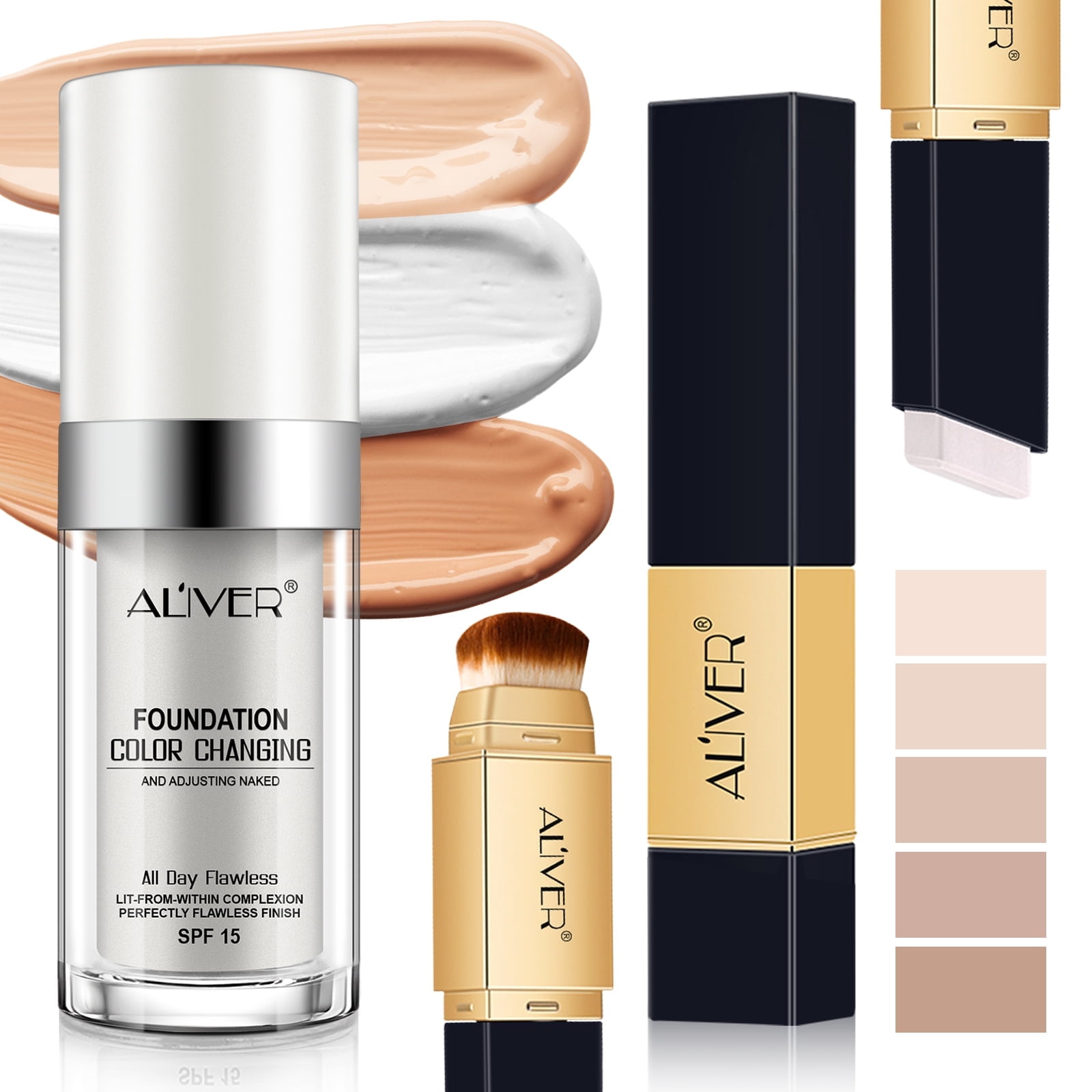 Aliver 30ml Color Changing Flawless Liquid Foundation & Concealer Stick Set, Waterproof and Sweatproof, Holds Makeup All Day Long