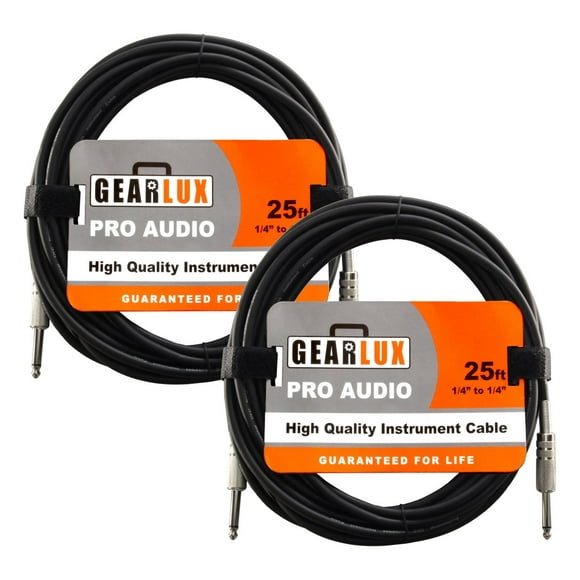 Gearlux Câble d'Instrument / Câble de Guitare Professionnel 1/4 Pouce à 1/4 Pouce, Noir, 25 Pieds - Pack de 2