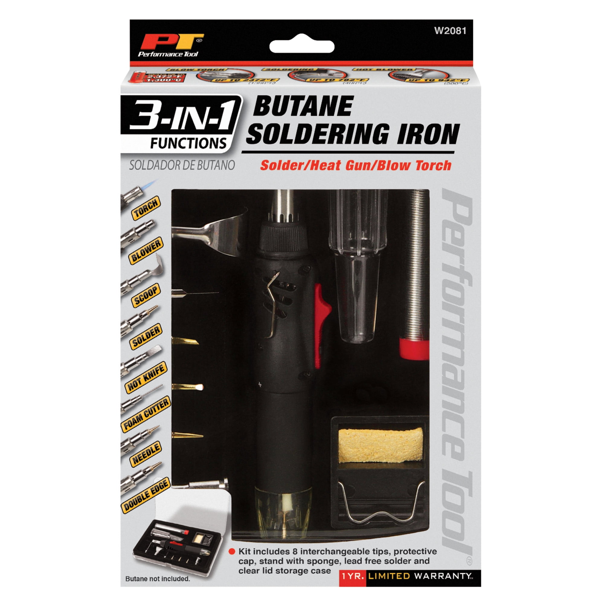 Performance Tool W2081 3-in-1 Butane Soldering Iron, Heat Gun and Torch with Adjustable Temperature Control and 8 Interchangeable Tips