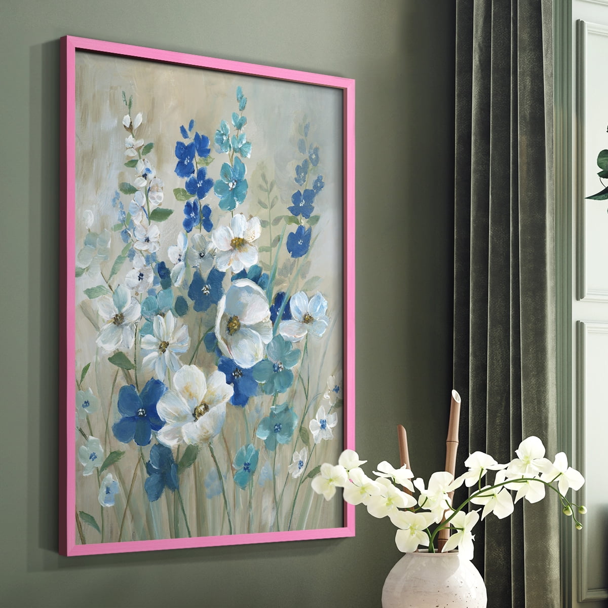 Blue Garden I Framed Print in Pink Solid Wood Framed Print No Nail Hanging