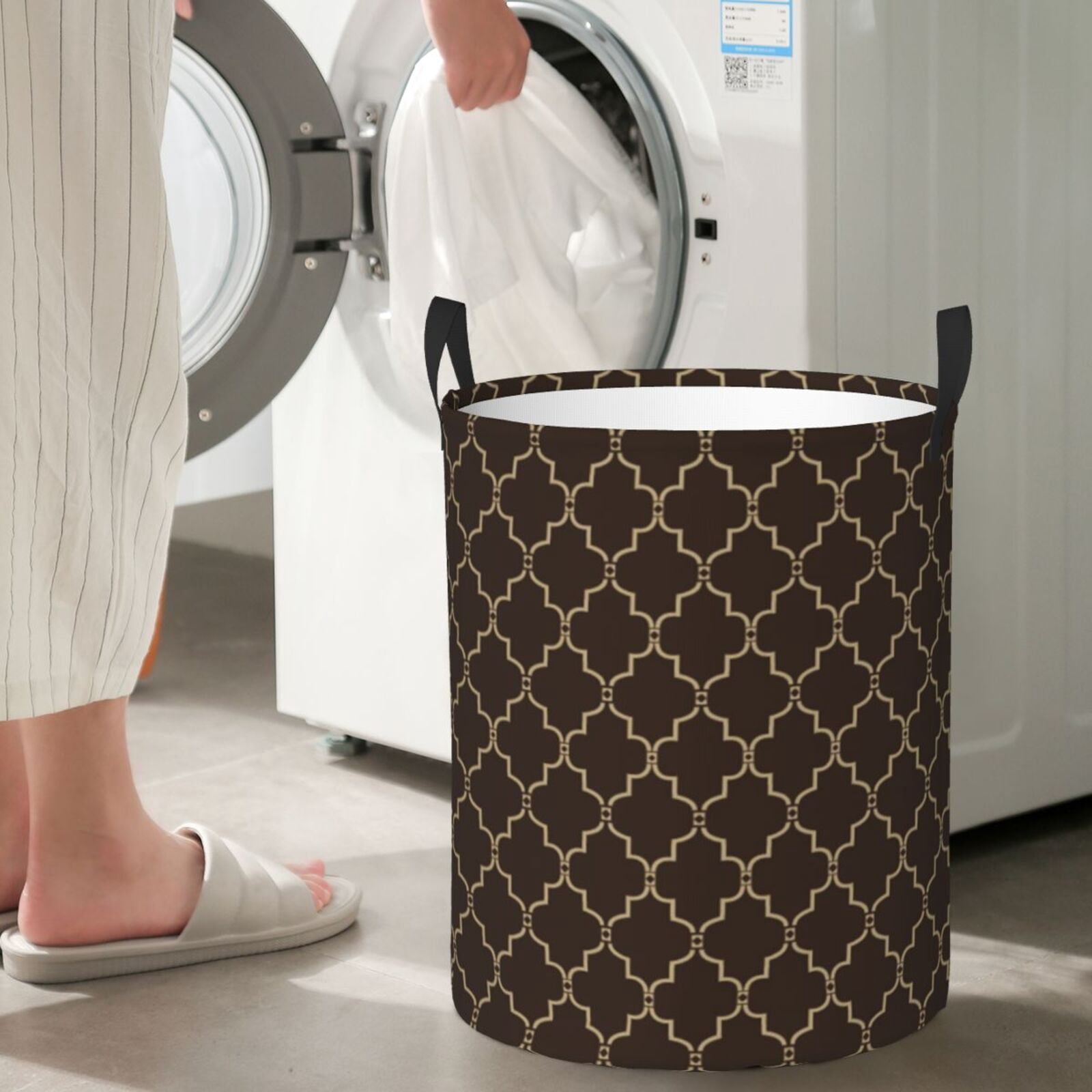 Large Laundry Basket with Handles - Brown Moroccan Trellis Kids Baby Dirty Clothes Laundry Hamper for Bedroom Aesthetic