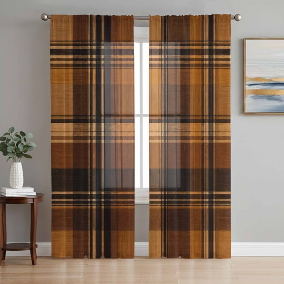 Brown Checked Sheer Curtains 63 Inch Length 2 Panels Set, Farmhouse Tan Brown Buffalo Plaid Voile Window Treatment Rod Pocket Curtains Sheers Drapes for Bedroom/Living Room/Kitchen 52x"63"x2
