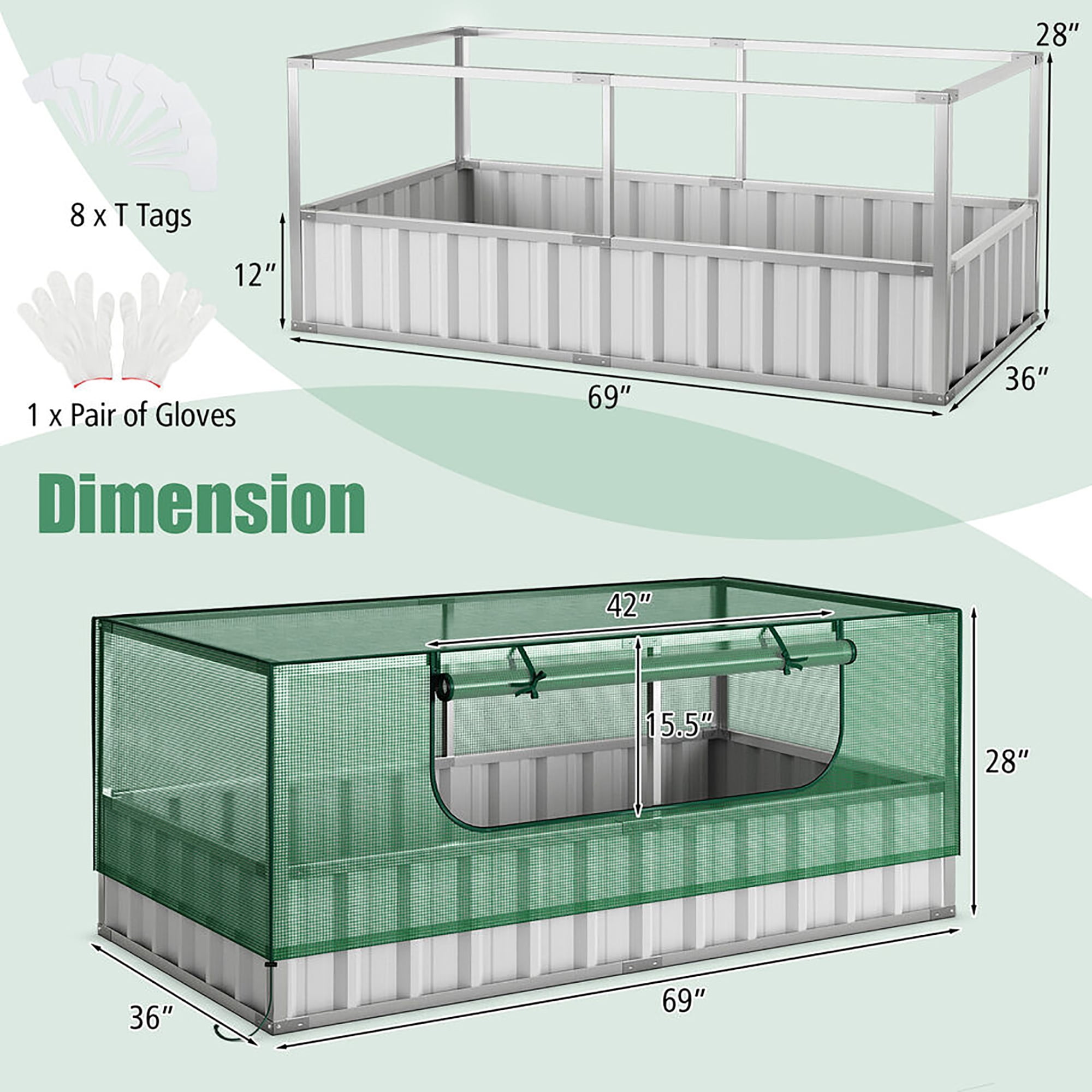 Gymax 69'' x 36'' x 28'' Galvanized Raised Garden Bed w/ Cover Roll-up Window Greenhouse