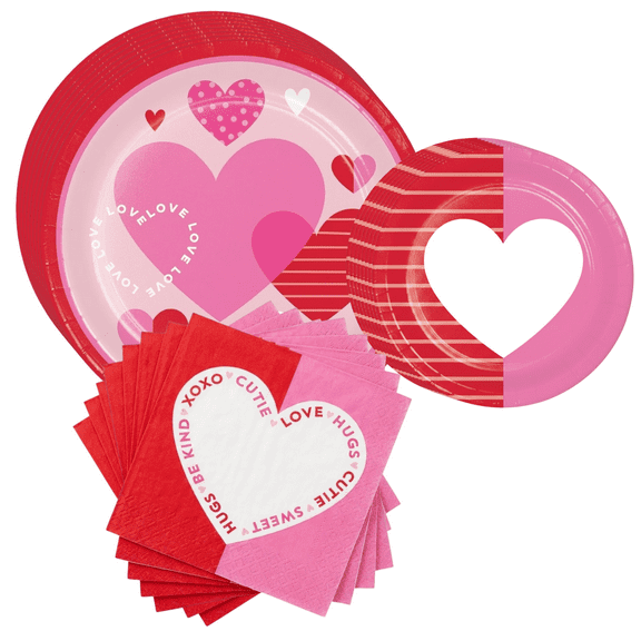 Valentine’s Day Tableware Set – 8 Dinner Plates, 8 Dessert Plates & 16 Napkins, Red Heart Disposable Party Supplies for Romantic Events Clear Above