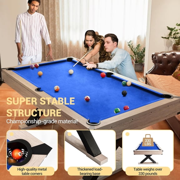 Geetinfly Pool Table,7 FT 84In Billiard Tables Outdoor Solid Wood Pool Table,with 2 Cue Sticks Billiard Balls Cleaning Brush Chalk and X-Legs,Blue