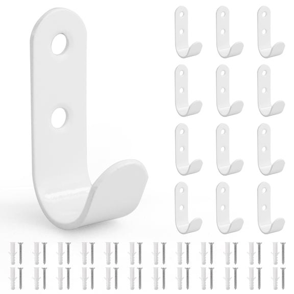 12 Pack Coat Hooks for Wall, Stainless Steel Double Hole Heavy Duty Outdoor Hooks, Wall Hooks Towel Hook Garage Holder Screw Hanger, with Screws and Anchor for Key, Towel, Bags, Cup, Hat (White)