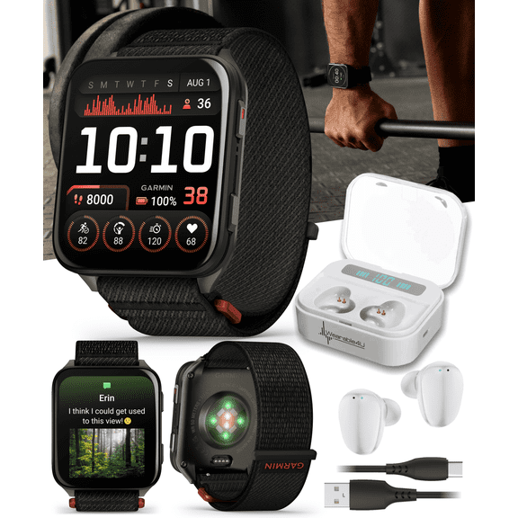 Garmin Venu X1 Thin and Lightweight GPS Smartwatch, AMOLED Display, Black with Slate Titanium Comfort Fit Nylon Band with Wearable4U White EarBuds Bundle