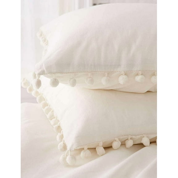 White Pom Pom Fringed Pillowcases Pillow Covers ,18.9in x29.1in,Set of 2