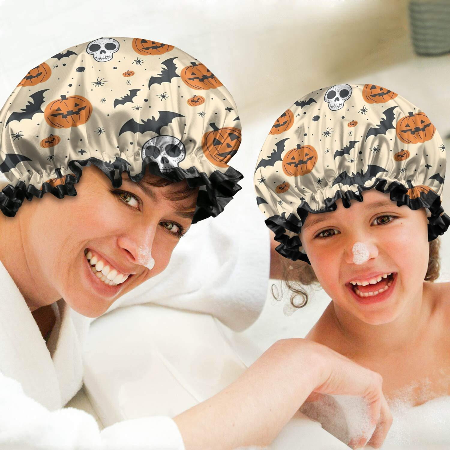 Shower Caps,Halloween Pumpkins Bats Skulls and Spiders Waterproof Shower Cap for Women 4 Pieces,Double Reusable Hair Cover for Shower PEVA Elastic Stretch Hem