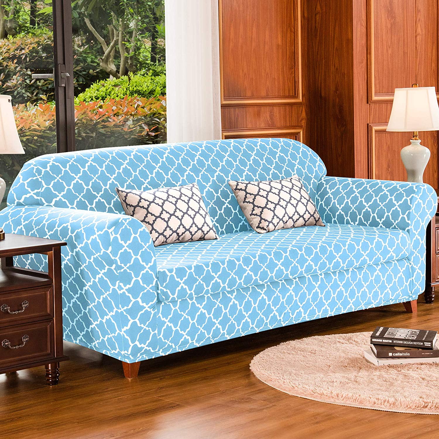 Subrtex Sofa Slipcovers Stretch Couch Protector Covers 2-Piece Spandex Printing Furniture Cover Home Decor(Sofa,Blue)