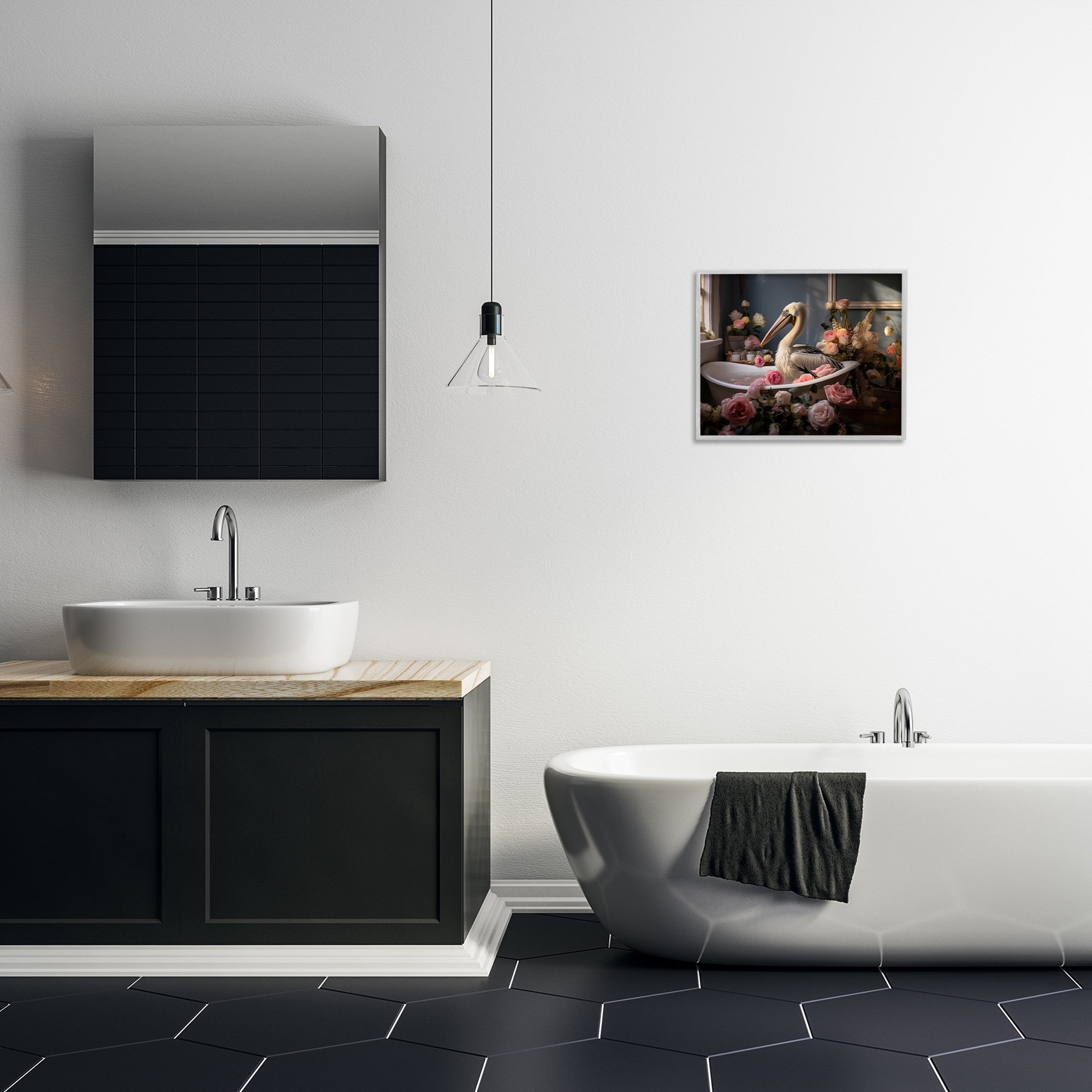 Stupell Industries Pelican in Rose Filled Tub Animals & Insects Painting Gray Framed Art Print Wall Art, 20 x 16