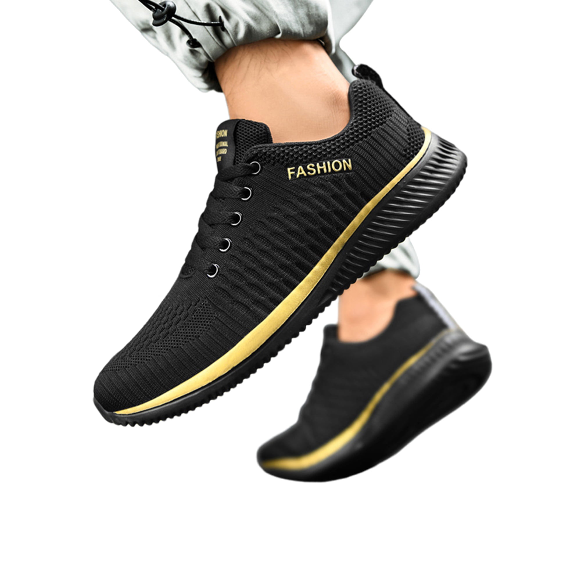 Woobling Mens Sneakers Sports Athletic Shoes Fitness Workout Running Breathable Trainers Hiking Comfort Lace Up Black Gold 9.5 Other 9.5