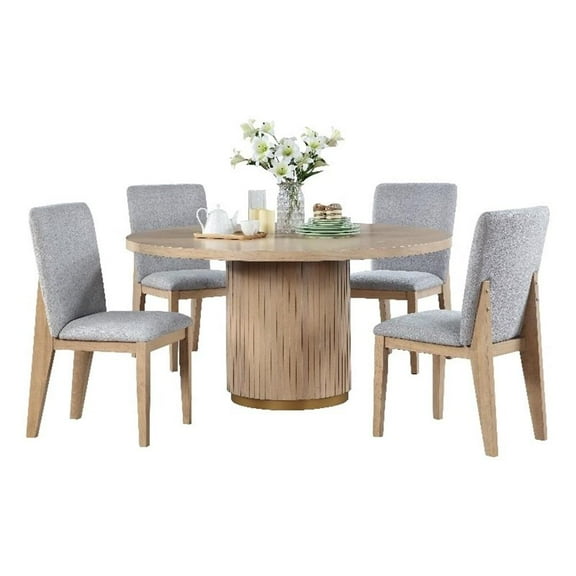 Pemberly Row 5 Piece 59" Round Oak Finish Wood Dining Table Set with Gray Chairs