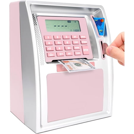 Upgraded Talking Pink ATM Piggy Bank, Auto-Opening Drawer, Dual Debit Cards for Girls/Kids or Real Money, Onekey Shutdown, Bill Feeder, Coin Recognition, Balance Calculator.