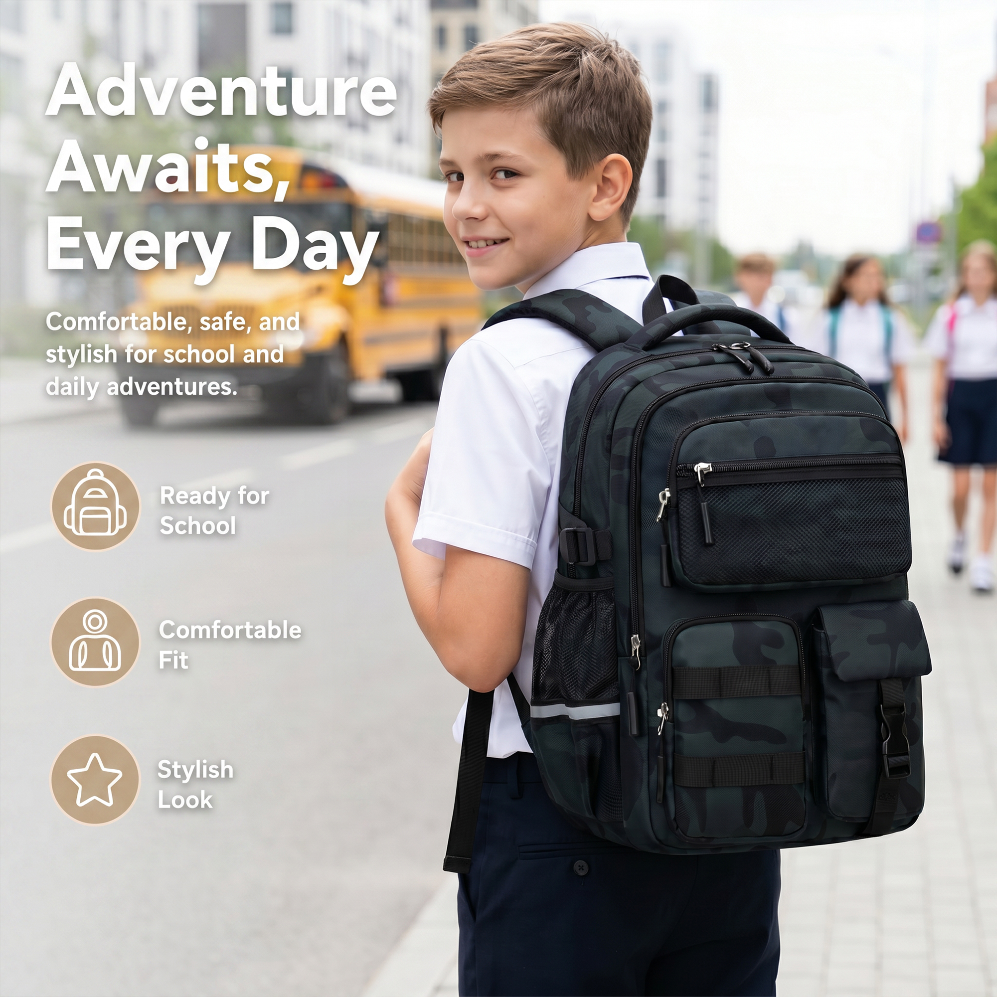 Mochila Escolar para Niños Grados 1-5, Camuflaje Repelente al Agua con Tiras Reflectantes, Transpirable para Primaria y Secundaria, 22L 2