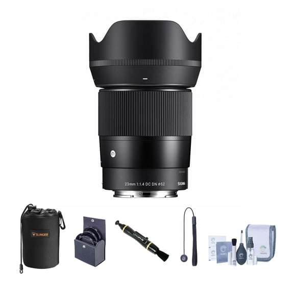 Sigma 23mm f/1.4 DC DN Contemporary Lens for Sony E Bundle with 52mm Filter Kit, Lens Pouch, Lens Cleaner, Cleaning Kit, Lens Cap Tether