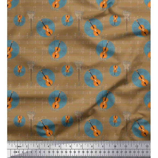 Soimoi Moss Georgette Fabric Notes & Guitar Musical Instrument Printed Fabric 1 Yard 42 Inch Wide