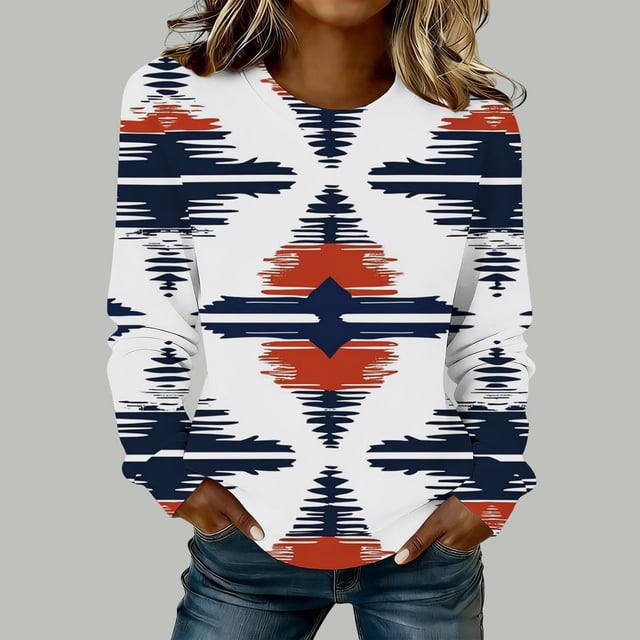 TaTaai Women's Fashion Retro Western Print Round Neck Regular Shoulder Long Sleeve Sweatshirt Ladies Casual Loose Soft Top for Daily Streetwear Office Spring Winter Wear Gift