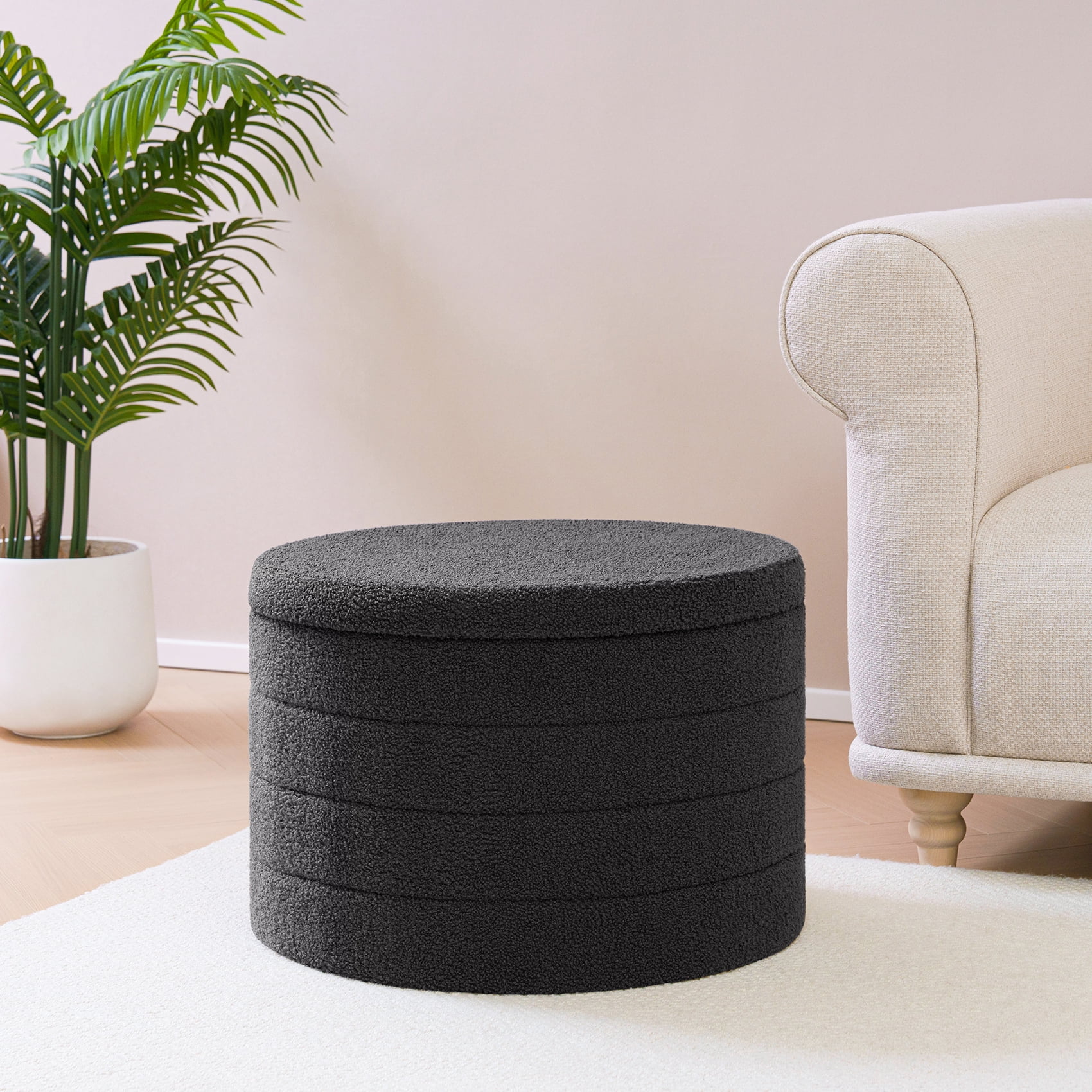 B FSOBEIIALEO Round Boucle Storage Ottoman with Tray for Living Room, Perfect for Adults & Kids with Extra Storage Space(Grey)