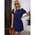 thumbnail image 6 of Navy Blue Womens Casual Short Sleeve Round Neck Waist Tie Mini Dress With Raglan Sleeve, 6 of 6