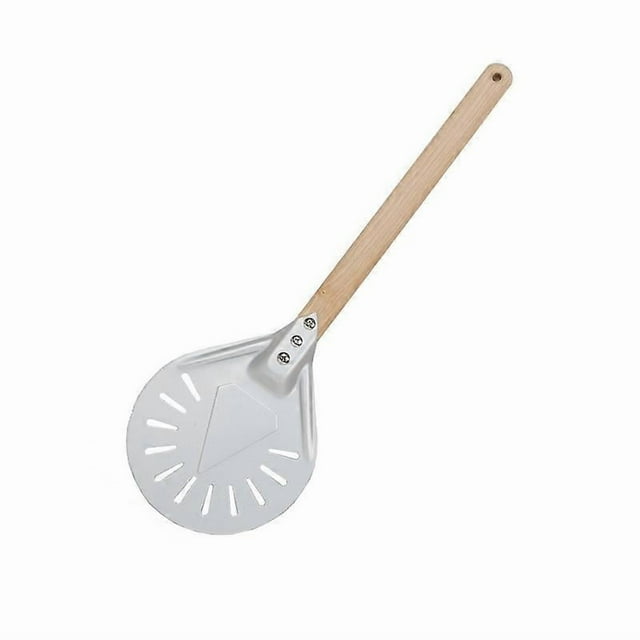 Paleta de pizza redonda perforada de 18 cm, de aluminio antideslizante, giratoria y con mango de madera antiescaldadura de 40 cm.