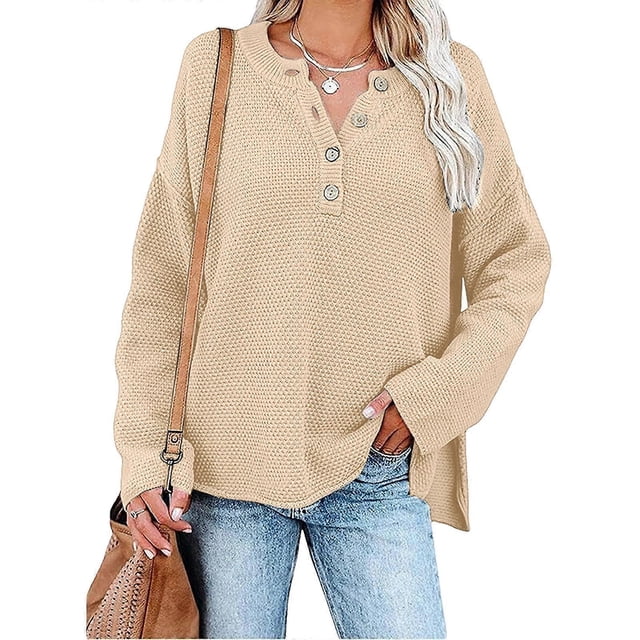 Women's Oversized Sweaters Batwing Long Sleeve Loose V Neck Button Henley Tops Pullover Knit Jumper White XL