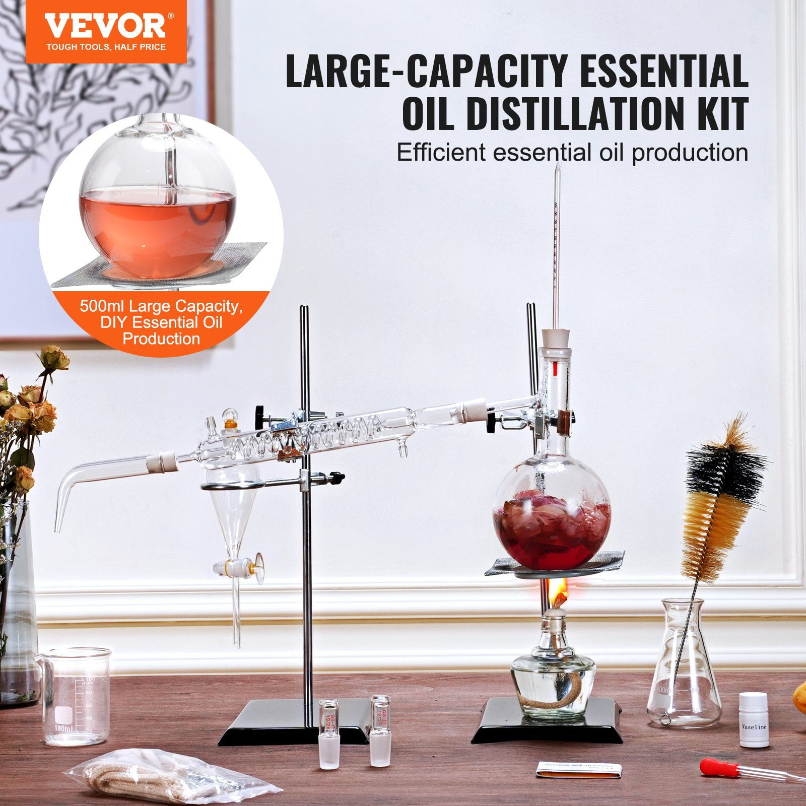 500ml Essential Oil Distillation Kit 3.3 Boro Lab Glassware Set with Alcohol Lamp Ceramic Mesh 24 40 Joint 28 Pcs