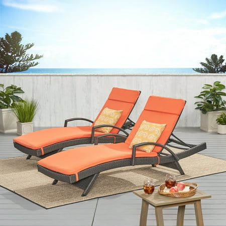 Anthony Outdoor Wicker Armed Chaise Lounges with Cushions Set of 2 Grey Orange