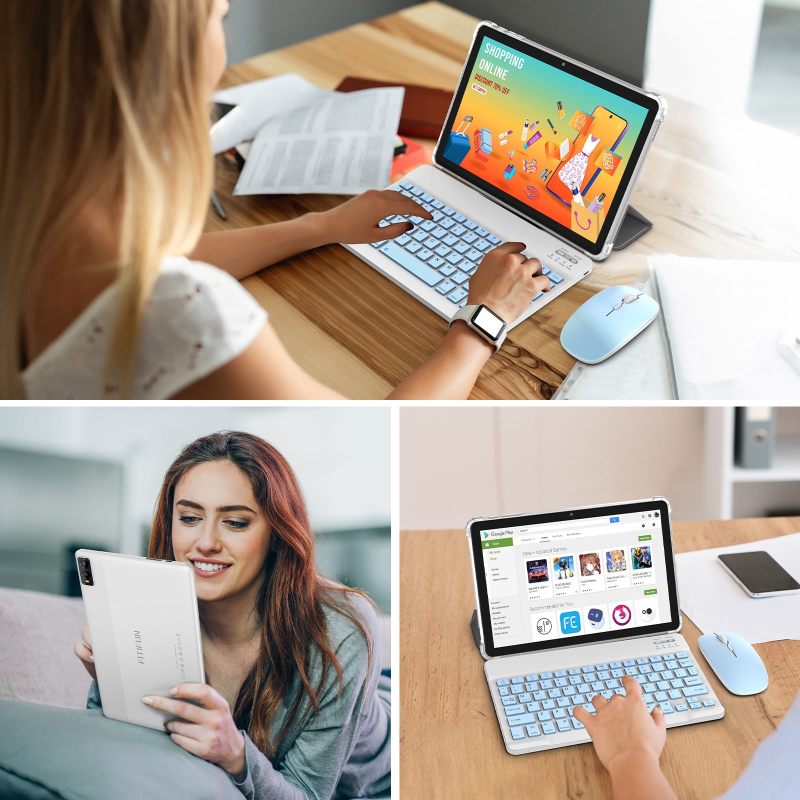 10.1 Inch Tablets Android 14 Tablet with Octa-Core,8GB+32GB+1TB TF Expansion, 6000mAh Battery,5G WiFi6,Dual Camera 2 in 1 Tablets with Keyboard, Mouse,Pen,Case
