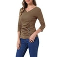thumbnail image 5 of INSPIRE CHIC Women's Ruched Blouse Button Decor V Neck 3/4 Sleeve Solid Knit Top L Dark Khaki, 5 of 7