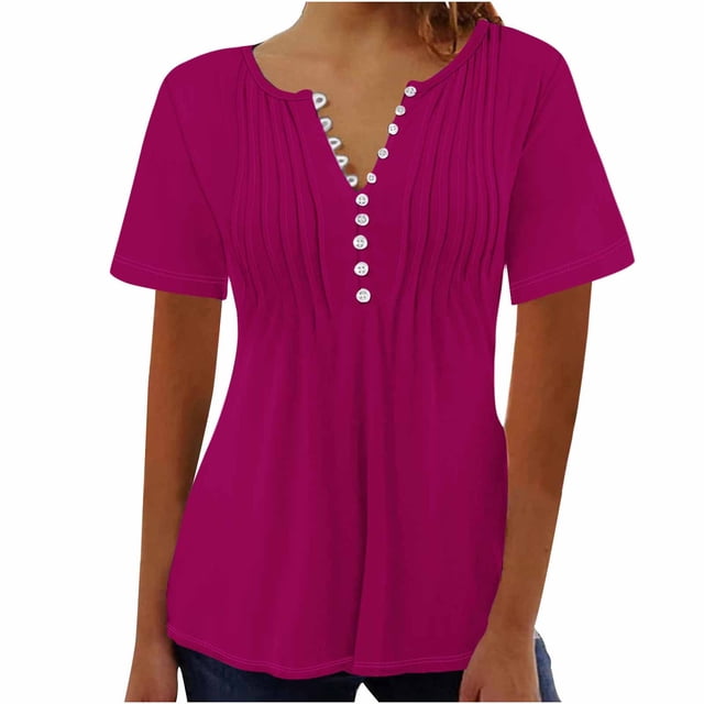 Timegard Hauts d'Été pour Femmes Évasés Manches 3/4 Col en V Boutonné Chemise Froncée Tunique Décontractée Habillée